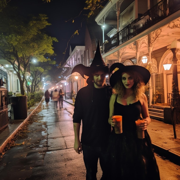 Koppel met Halloween-kostuums die selfie nemen op een feestje en vieren met vrienden op Halloween-feest