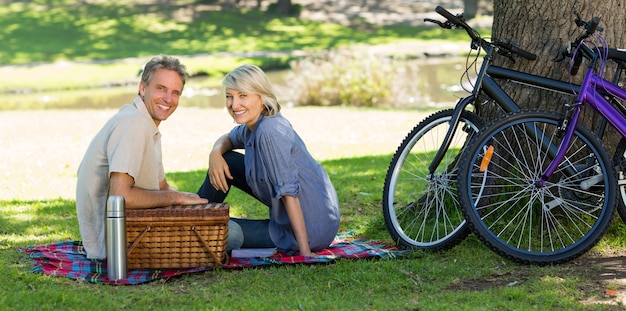 Koppel met picknickmand in park