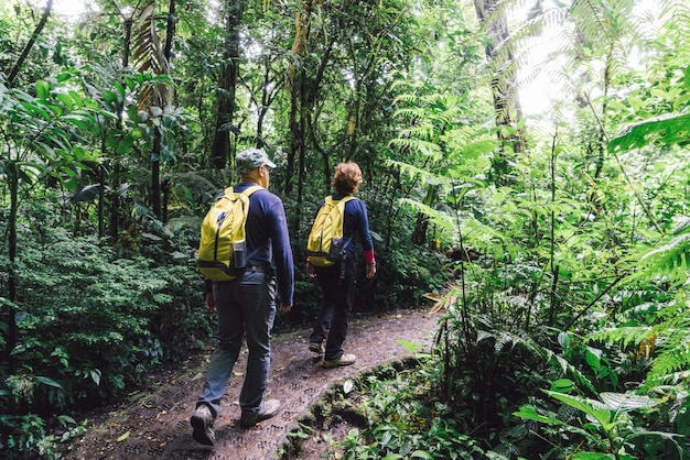 Koppel wandelen door een jungle