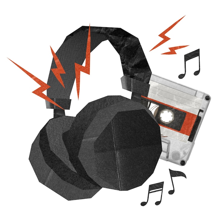 Foto koptelefoon en cassetteband muziek remix