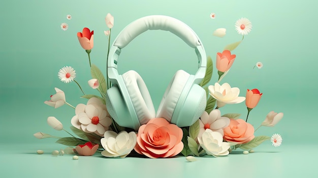 Koptelefoon omringd door bloemen een levendige fusie van natuur en muziek