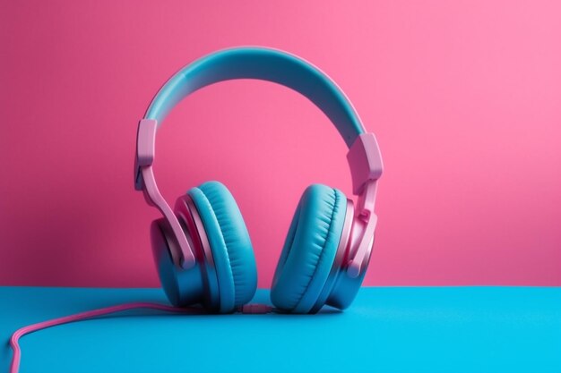 Koptelefoon op blauwe en roze achtergrond Muziekconcept Minimale stijl