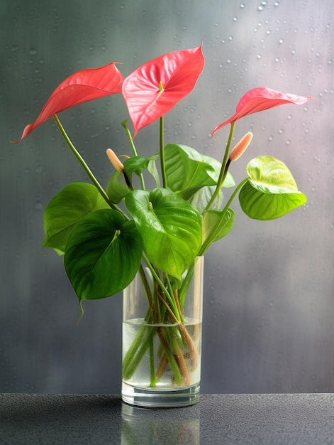 Koraalkleur en roze Anthurium Lichtgrijze achtergrond glazen vaas Wallpaper bloemen te Genative AI