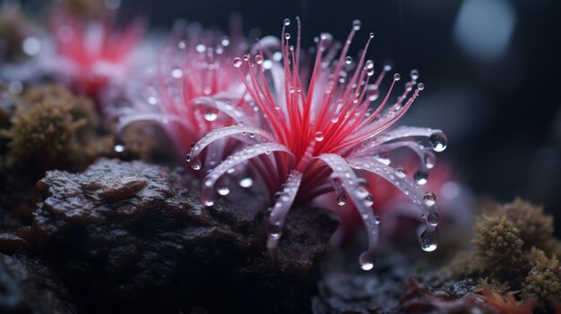 Koraalrif met rode bloemen en waterdruppels Onderwaterwereld