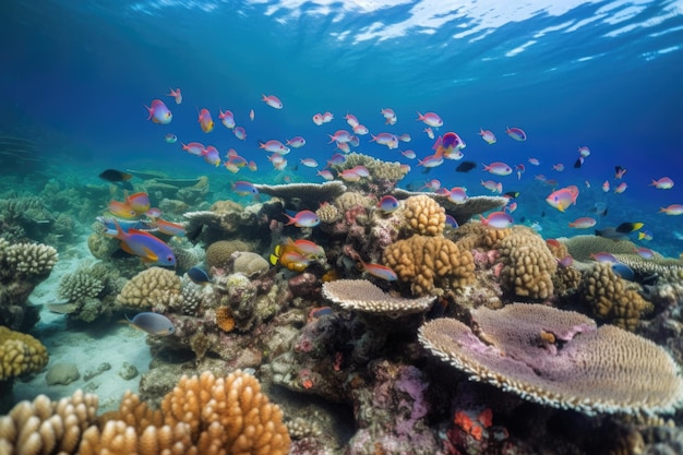 Koraalrif met scholen kleurrijke vissen die zwemmen tussen het koraal dat is gecreëerd met generatieve AI