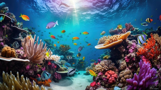 koraalrif met tropische vissen en koralen op de bodem.