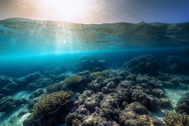 Koralen en de zon die op het oppervlak van de oceaan schijnt