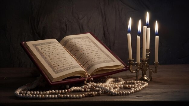 Koran with beads and candles