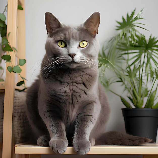 Фото Корат-кошка счастливо сидит в гостиной.