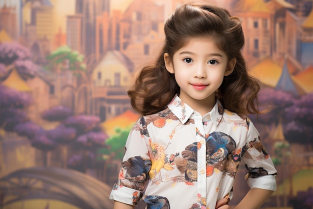 A korea little girl have nice hairstyle and wearing trendy high quality printed shirt