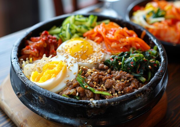 Foto koreaans eten bibimbap een kom rijst met verschillende groenten en vlees