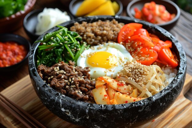 Koreaans eten Bibimbap met rijst, rundvlees, ei en groenten