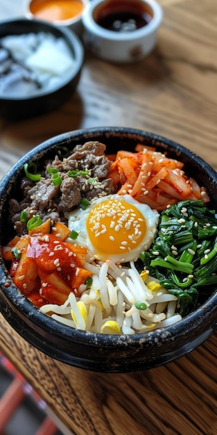 Foto koreaans eten bibimbap met rundvlees, ei en groenten