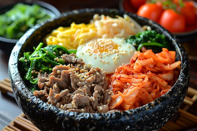 Foto koreaans eten dolsot bibimbap met rundvlees, ei en spinazie kimchi