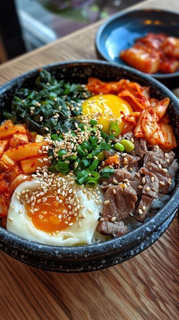 Foto koreaans eten met rijst, rundvlees, ei en kimchi.