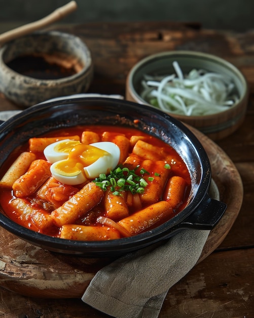 Koreaans tteokbokki gerecht met pittige rijstwafels, gegarneerd met een gebakken ei en gegarneerd met groene uien en sesamzaadjes