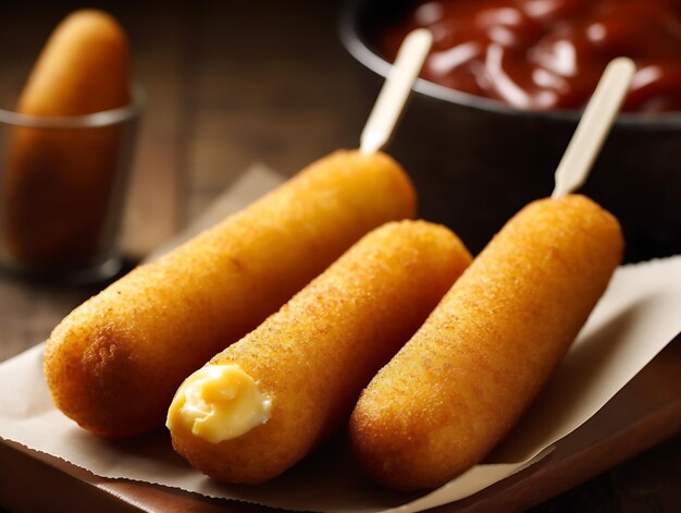 Koreaanse Corn Dogs met Batter en gebakken aardappelen Close Up Ai Generative