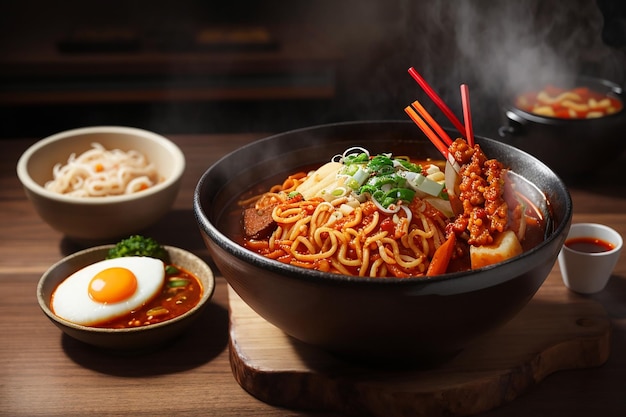 Koreaanse instant heerlijke noedels en tteokbokki in Koreaanse pikante saus, oud voedsel