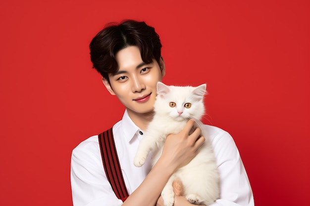 Koreaanse mannen die zich gelukkig voelen poseren met een schattige kat geïsoleerd op een rode achtergrond met kopieerruimte