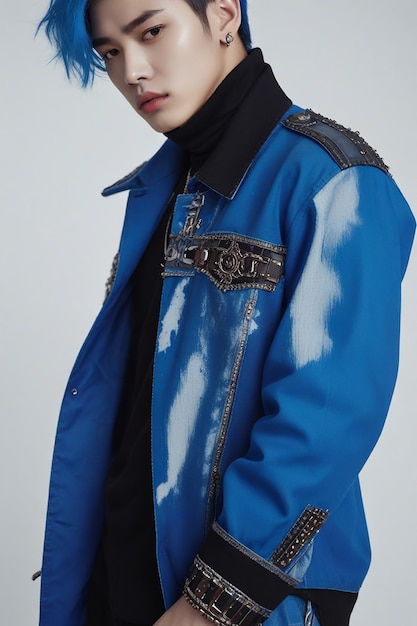 Koreaanse mode een blauw en zwart jasje met een zwarte riem