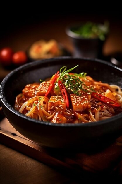 koreaanse noedel in koreaanse pittige saus aziatisch eten