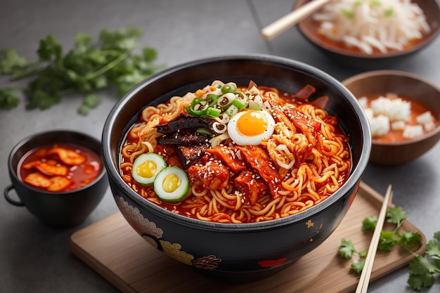 Koreaanse pittige instant noedels met kimchi