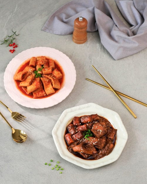 Koreaanse rijstwafels in zwarte sojasaus Jjajang Tteokbokki of Jjajangmyeon Topokki met Topkki in rode saus