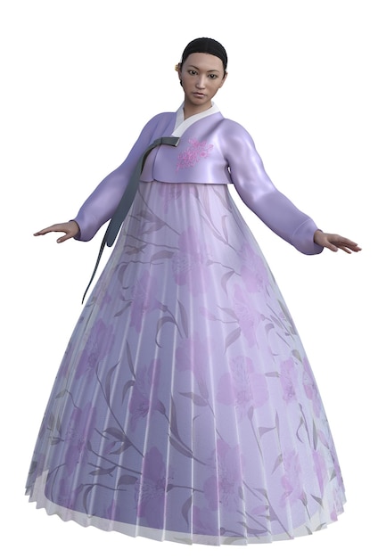 Koreaanse vrouw draagt traditionele kleding hanbok in lila kleur 3D illustratie