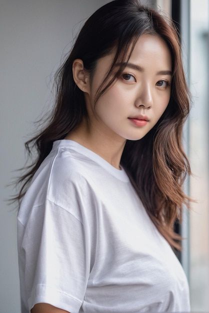 Koreaanse vrouw met wit t-shirt wit t-shirt mockup voor uw ontwerp