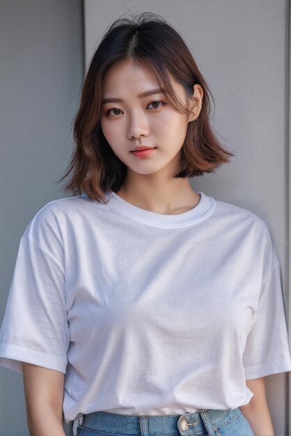 Foto koreaanse vrouw met wit t-shirt wit t-shirt mockup voor uw ontwerp