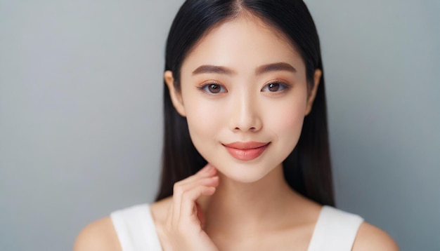 Korean asian woman with double eyelids showcases flawless bright white skin in a captivating stock