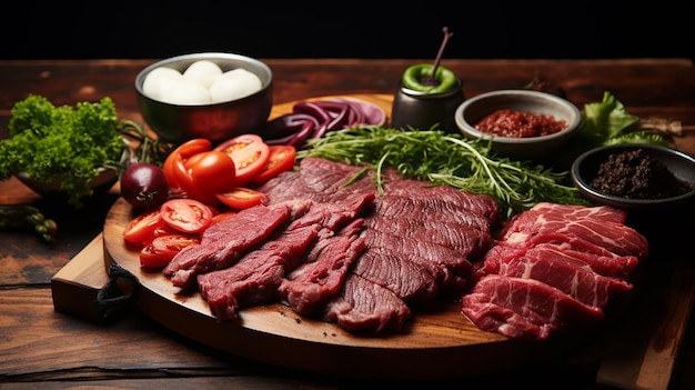 木製テーブルの上の韓国式バーベキュー生牛肉と野菜