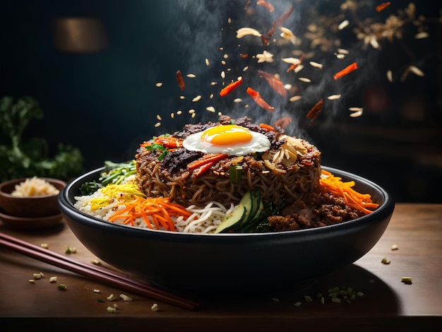 Korean bibimbap floating popular rice bowl dish made with cooked rice vegetables meat fried egg