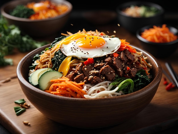 사진 한국 비 (bibimbap) 은 요리된, 채소, 고기, 고기, 달으로 만든 인기 있는  그이다.