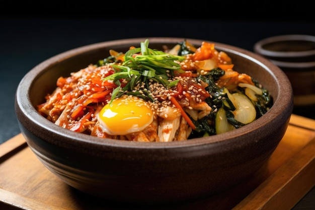 Korean bibimbap in a hot stone bowl with kimchi