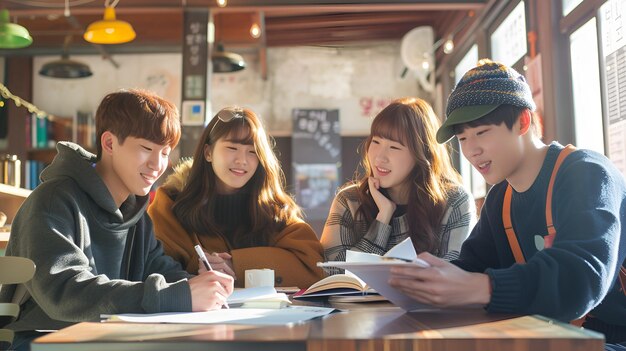 Photo korean college friends studying in cafe background korean college friends studying cafe background
