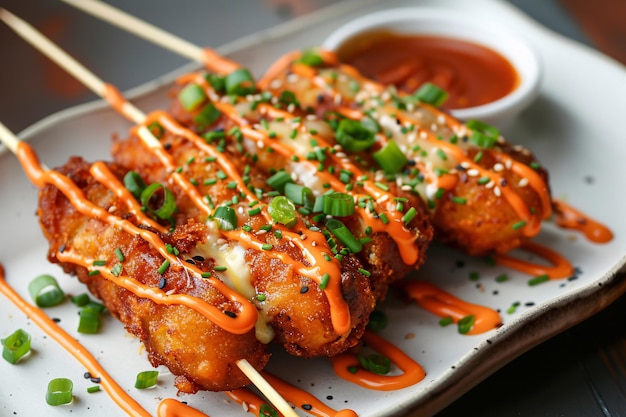 Photo korean corn dogs with sauce and green onion