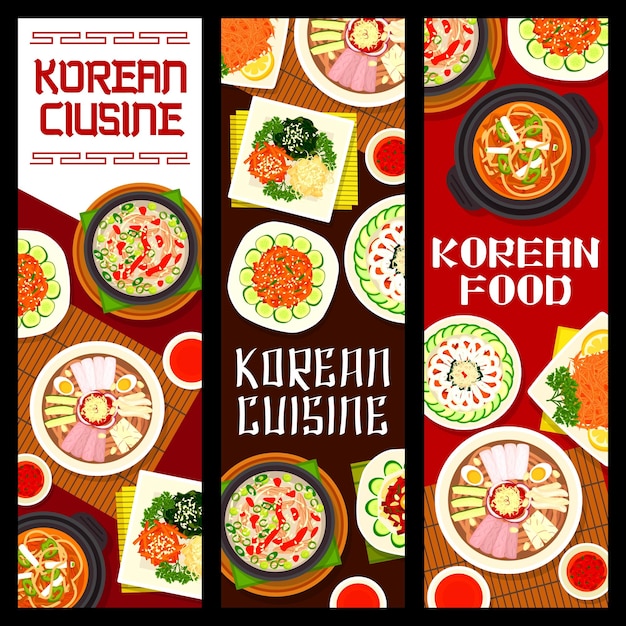 Korean cuisine cartoon vector banners Korea meals