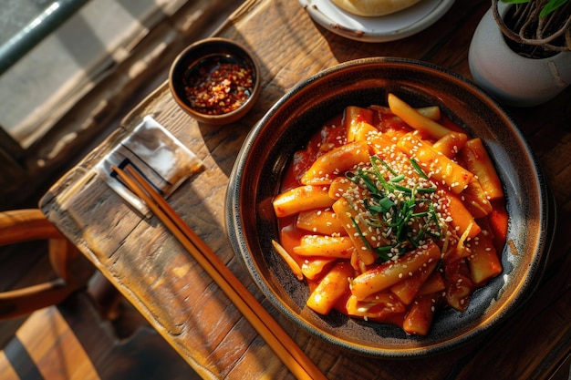 Фото Корейская кухня tteokbokki в миске на деревянном столе, освещенном солнечным светом