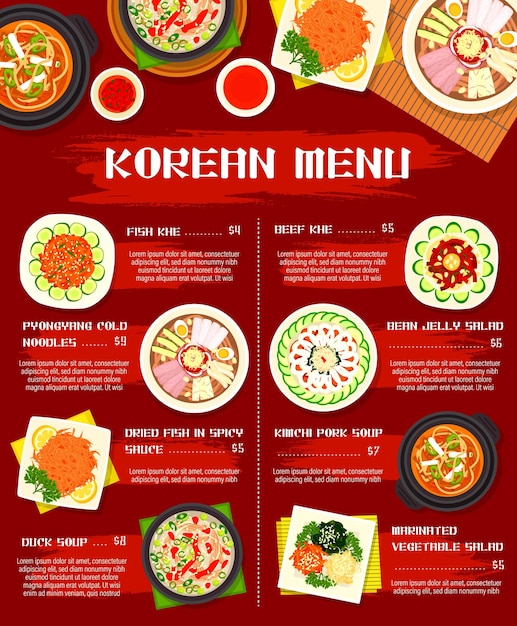 Foto piatti del modello di menu vettoriale della cucina coreana della corea