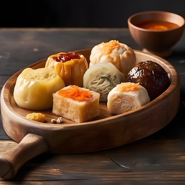 Korean dimsum food on a wooden plate generative ai