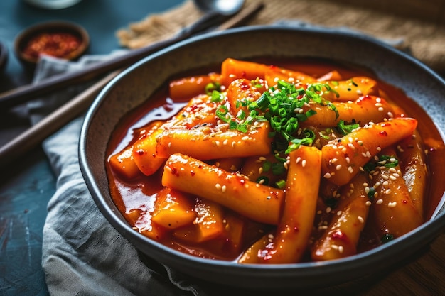 Foto piatto coreano tteokbokki sul tavolo in primo piano