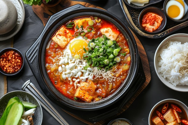 Korean dish with bibimbap noodles in a black deep plate on dark background egg noodles enoki