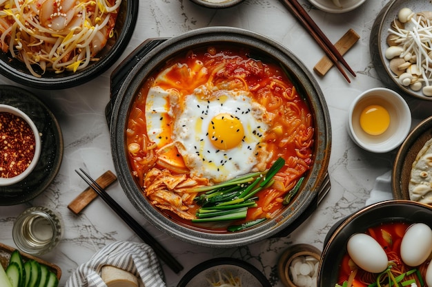 Korean dish with bibimbap noodles in a black plate on light background Ingredients egg noodles enoki