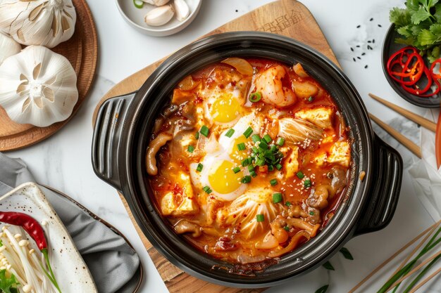 Korean dish with bibimbap noodles in a black plate on white background Ingredients egg noodles enoki