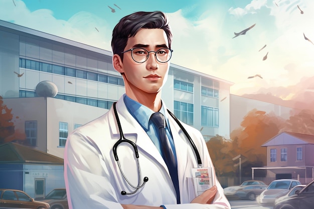 a korean doctor or health worker wearing a white coat and holding a stethoscope against a hospital b