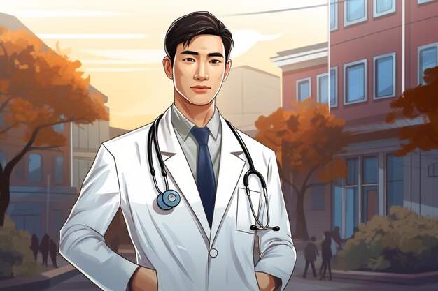 a korean doctor or health worker wearing a white coat and holding a stethoscope against a hospital b