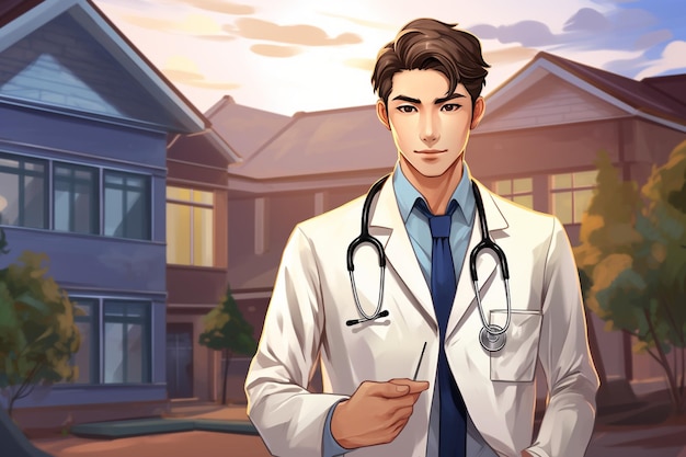 a korean doctor or health worker wearing a white coat and holding a stethoscope against a hospital b