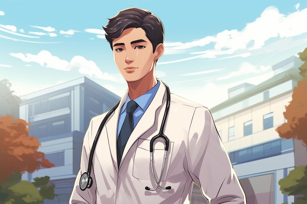 a korean doctor or health worker wearing a white coat and holding a stethoscope against a hospital b