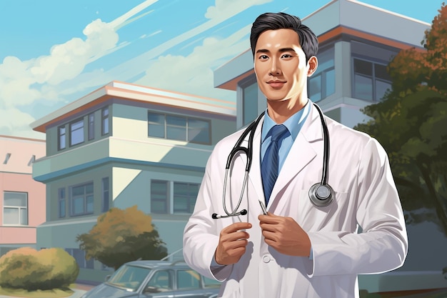 a korean doctor or health worker wearing a white coat and holding a stethoscope against a hospital b